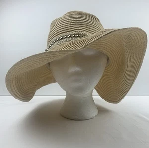 VTG JUICY COUTURE STRAW BEACH FLOPPY HAT LEATHER BEAD TRIM ONE SIZE MINT - Picture 1 of 7