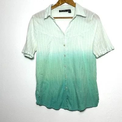 Camisa Colección Club Z Para Mujer 1X Verde Blanco Ombre Manga Corta Abotonada Top Foto 1 de 4