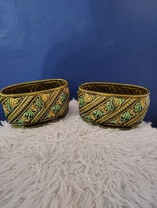 Japan Vase Übertopf Avocado grün gelb Blumen Blätter MCM 6 in einwandfreiem Zustand 2er Set - Bild 1 von 7