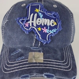 Gorra de béisbol ajustable de mezclilla azul parche de flores con forma de Texas "Hogar" - Imagen 1 de 9