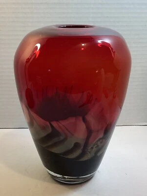 Art Glass Vase Ruby  W/ Ribbon Stripe Italian Vintage Glass MCM - Image 1 of 4