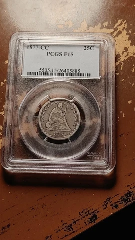 1877 CC Seated Liberty Quarter 25C PCGS F15 Perfect Original Type           2163 Cover
