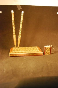 Vintage Persian Khatam Marquetry Wood Desk Pen Holder + Key Chain - Picture 1 of 1