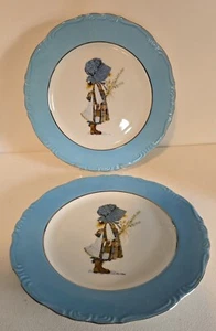 Holly Hobbie BLUE GIRL Round Platinum Trim Dinner Plates 10 3/8" Rare 1973 Set 2 - Picture 1 of 8