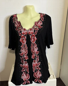 Womens Queenspark Glamour Size L Top Beaded Black Red Floral Embroidery T-shirt - Picture 1 of 6