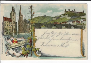 1899 German Gruss aus Wurzburg Early Art Nouveau Multi Color Postcard - Picture 1 of 2