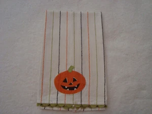 Vtg Halloween White Striped with Pumpkin Applique Kitchen Towel - Picture 1 of 4