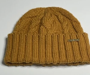 Michael Kors Cable Knit Marigold Cuffed Beanie Hat Gold Logo Bar Fast Shipping - Picture 1 of 7
