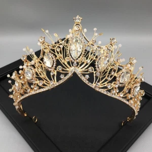 Femme Cristal Mariage Diadème Or Argent Crown Bandeau Reine Coiffe Anniversaire - Picture 1 of 10