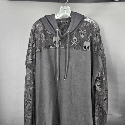 Skull Crossbones Mesh Hoodie Shirt Womens 2XL XXL Black Sheer Goth Punk Rock - Image 1 of 4