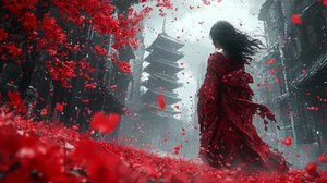 Canvas Art Red Dress In Grey With Floating Petals Wall Picture Poster Print - Picture 1 of 22