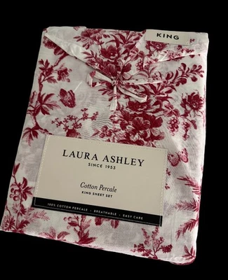 NIP Laura Ashley KING King Sheet Set 4 PCS 100% Cotton Percale Flowers Burgundy - Image 1 of 4