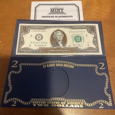 $ 2 Bill 22k Gold Leaf, blue folder - Image 1 of 4