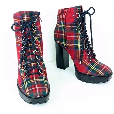 Botín de combate Gianni Bini Ambelynn suela de tacón 7,5 M rojo tela a cuadros tartán Foto 1 de 4