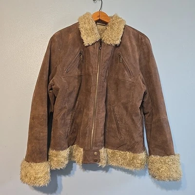 Ruff Hewn Women's Leather Bomber Jacket Size XL Full Zip Sherpa Lined Brown  - Image 1 of 4