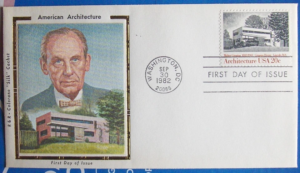 US FDC cover WALTER GROPIUS AMERICAN ARCHITECTURE COLORANO "SILK" CACHET 1982. - Image 1 of 1