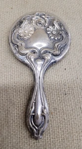 ANTIQUE ART NOUVEAU SILVER PLATE CHILD'S OR DOLL'S VANITY HAND MIRROR REPOUSSE - Picture 1 of 7