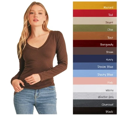 Ambiance Basic Jersey Cotton Deep V-Neck Long Sleeve Casual Tee Shirt - Image 1 of 4