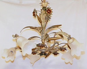 LAMPADARIO CON 5 LUCI ART.159 FERRO BATTUTO RUSTICO ARTE FIORENTINA VETRO NUOVO - Picture 1 of 2