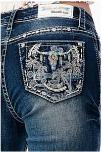 Grace in LA Women's Western Steer Cow Head Distressed Bootcut Stretch Jeans - Picture 1 of 7