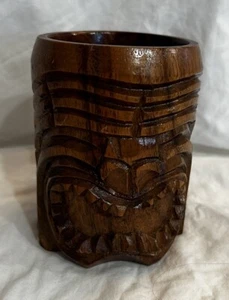 Vintage 5" Hawaiian Tiki Mug Wood Tiki Bar Decor God Face Hand Carved 70s - Picture 1 of 5