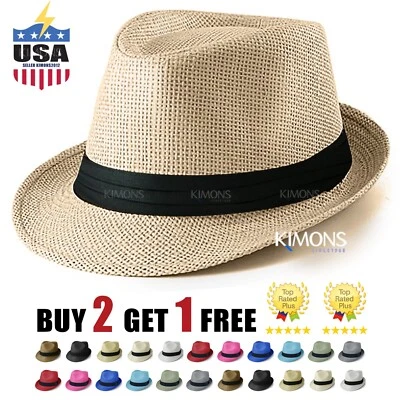 Straw Fedora Hat Trilby Cuban Sun Cap Summer Beach Sun Panama Short Brim Floral - Image 1 of 4