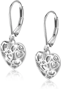 925 Sterling Silver Gold French Style Leverback Heart Dangle Earrings - Picture 1 of 12