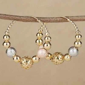 Women Multi Color Beads Design Hoop Earrings Copper 14K Plated Jew Hoop Bling - Picture 1 of 5