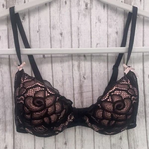 Betsy Johnson Intimates 32C Black Pink Padded Push Up Bra Womens EUC - Picture 1 of 5
