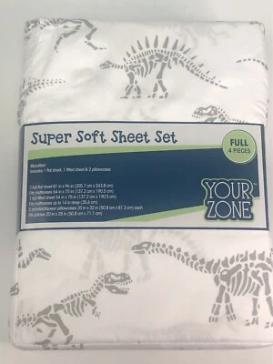 Dinosaur Full Size Bed Sheet Set 4pc Fossil Skeleton Bones Microfiber Kids Gray - Image 1 of 4