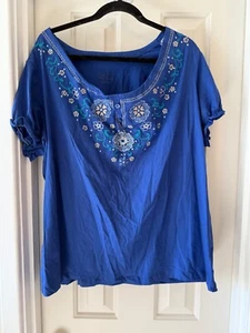 DENIM & CO Short Sleeve Peasant Top w/ Embroidery LAPIS sz 1X - Picture 1 of 3