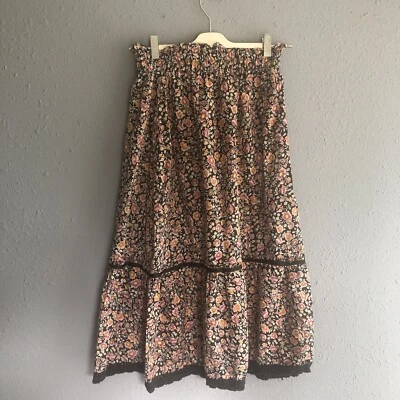 Vtg High Waist Black Lace Trim Pink Calico Prairie Skirt Boho Cottage XS - Image 1 of 4