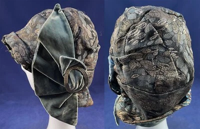 Vintage 1920 Art Deco Gold Silver Lame Black Silk Blue Velvet Flapper Cloche Hat - Image 1 of 4