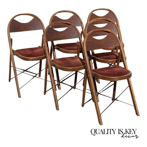 Vintage Art Deco Wooden Theatre Folding Chairs by General Sales Co Set of 6 (A) Cover