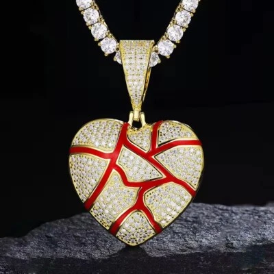 D/FL Round Cut Real Moissanite 14K Yellow Gold Fn Broke Heart Enamel Pendant 2" — 第 1/4 张图片