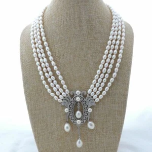 4 Strands 18" White Rice Pearl Necklace CZ Pendant - Picture 1 of 4