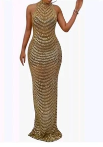 New Women's Sexy Rhinestone Sleeveless Night Party Club Dress Gold Size Medium - Picture 1 of 8