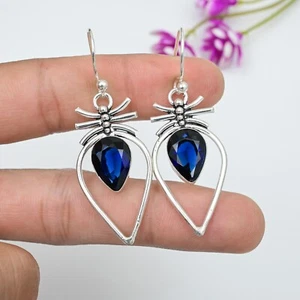 Blue Sapphire Lab-Created Gemstone Earrings 925 Sterling Silver Handmade Jewelry - Picture 1 of 5