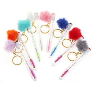 1Pc Eyelash Brush With Key Ring Plush Ball Mascara Wand Crystal Eyebrow Brush