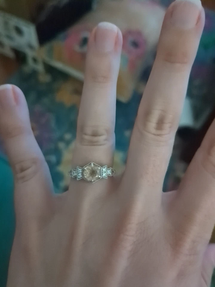 Juego de anillos de compromiso de morganita redondos Art Deco de oro blanco de 14 quilates hechos a mano para mujer 6 1/4 Foto 1 de 4