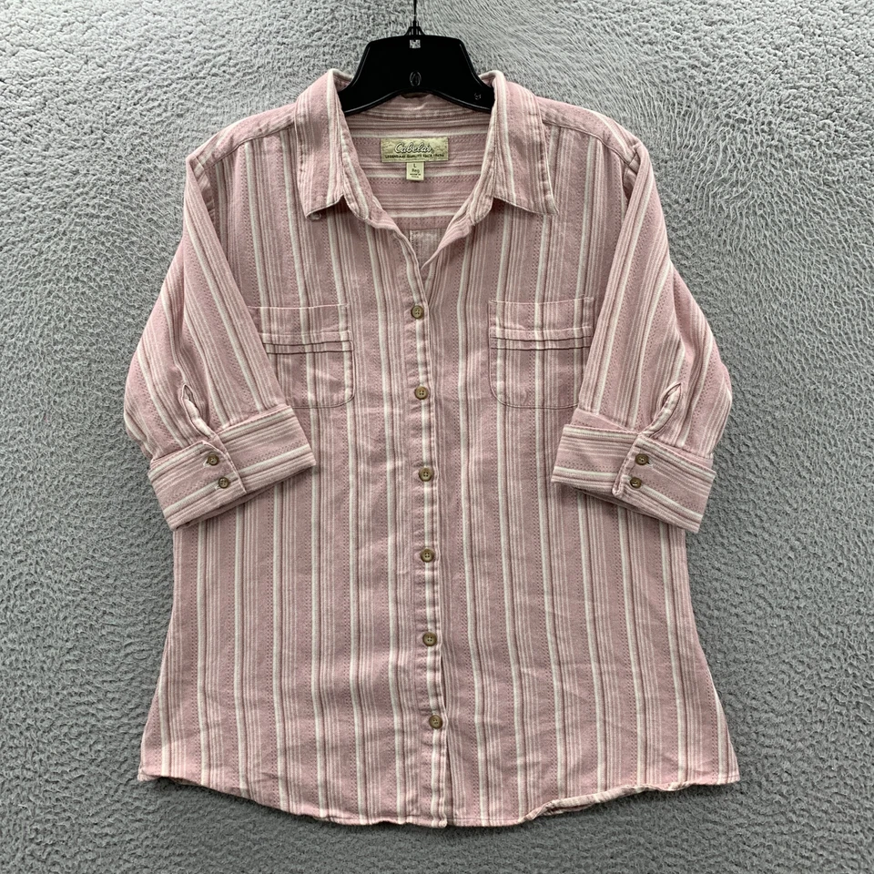 CABELAS 衬衫女式大号纽扣衬衫上衣条纹短袖粉色白色 — 第 1/4 张图片
