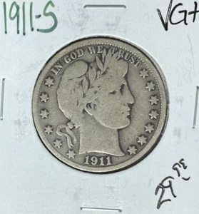 1911-S BARBER SILVER HALF DOLLAR ~ VG+ ~NICE COIN~ - Picture 1 of 2