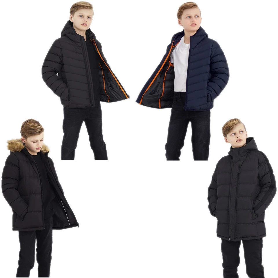 BOYS HOODED PADDED JACKET BACK TO SCHOOL PUFFER PUFFA WARM WINTER QUILTED COAT - Image 1 of 1
