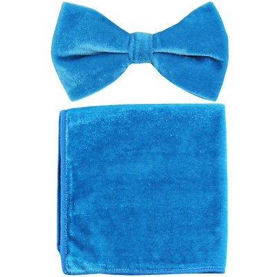 New formal Men polyester pre-tied bow tie_hankie turquoise blue velvet wedding  - Image 1 of 3