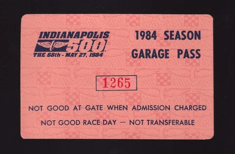 1984 Indy 500 Garage SEASON Ticket Pit Pass Indianapolis MEARS WINS BRICKYARD Cover