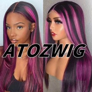 20Inch Highlight Pink and Black T Part Lace Front Human Hair Wig Pre Plucked - Picture 1 of 9