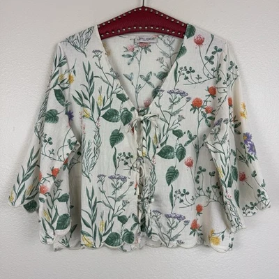 Laura Ashley Floral Cottagecore Mezcla de Lino Corbata Frontal Top Crema Multi Grande Foto 1 de 4