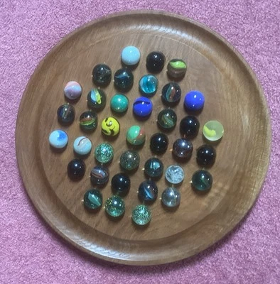 Vintage Large size 13”  Wooden Solitaire Board With Glass Marbles - Image 1 of 4