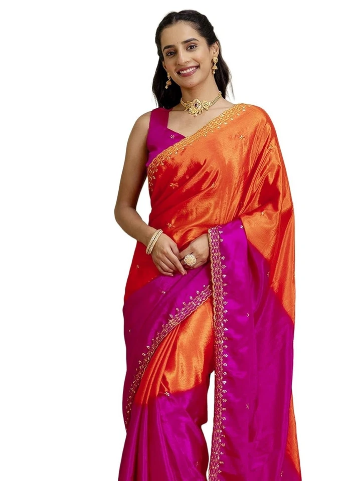 Sari con blusa bordada y borde festoneado con lentejuelas de seda Chinnon para mujer Foto 1 de 1