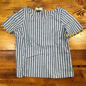 Talbots NWT Stripe Fringe-Sleeve Top Womens Petite Medium Blue White Cotton - Picture 1 of 11